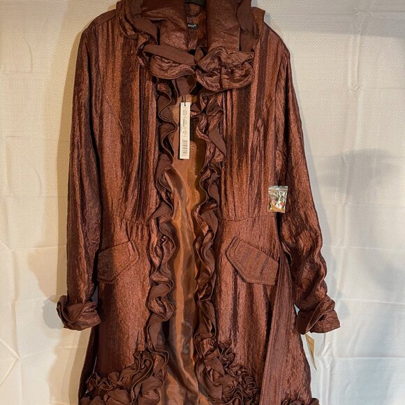 NWT Bronze Satin Trench Coat with Ruffled Trim Size M Rutched - Picture 3 of 3